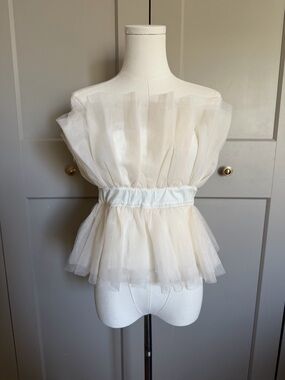 NWT Cream Tulle Peplum Top Ruffle Babydoll Sheer Statement Blouse